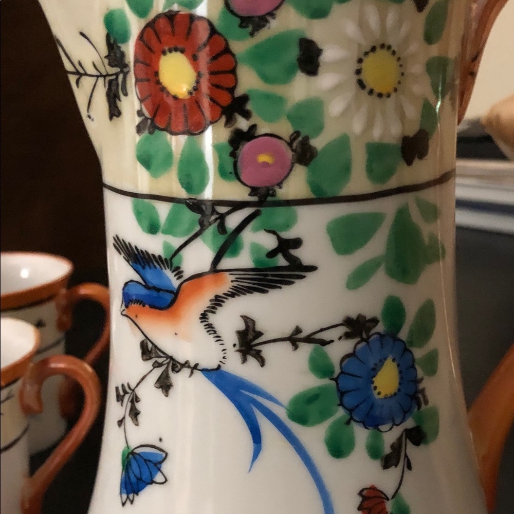 Vintage Japanese Floral Ceramic Coffee Set with Orange Accents